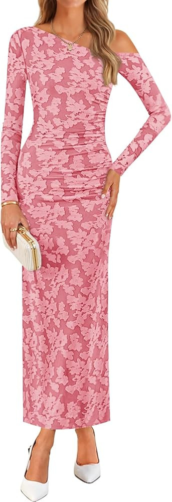 ZESICA Women's Spring Floral Off Shoulder Bodycon Maxi Dresses 2026 Long Sleeve Ruched Elegant Co... | Amazon (US)