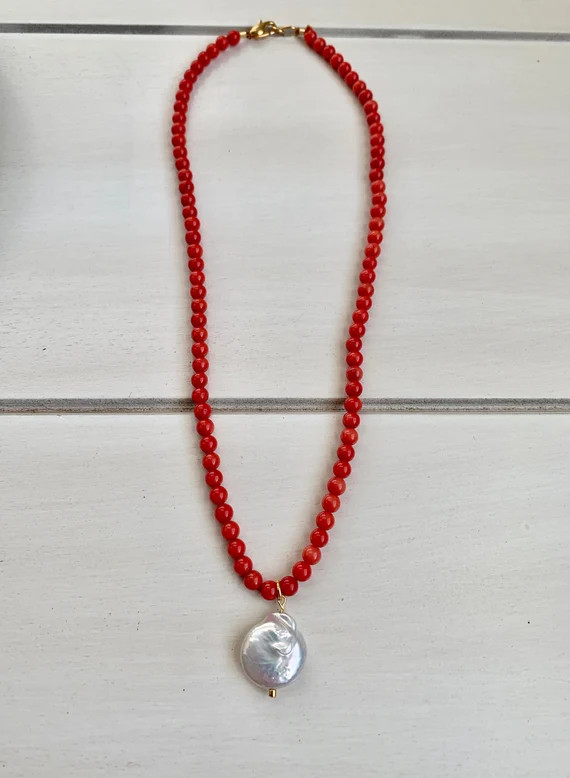 Freshwater Pearl Necklace with Red Coral Beads, Red Coral Beaded Necklace with Large Pearl Pendan... | Etsy (UK)