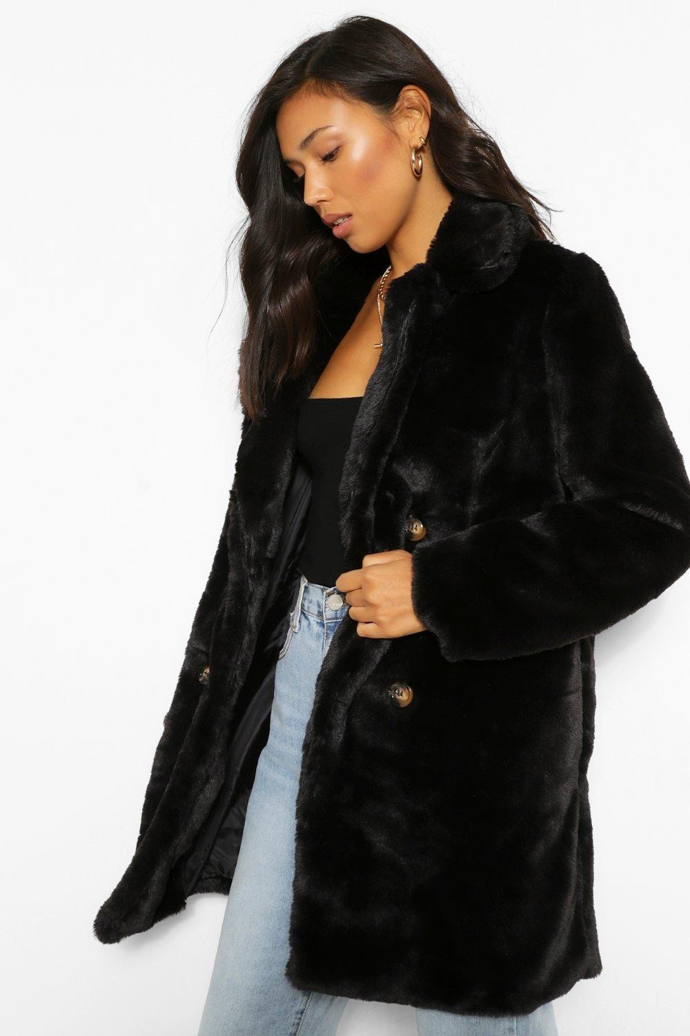 Womens Double Breasted Faux Fur Coat - Black - 10 | Boohoo.com (US & CA)