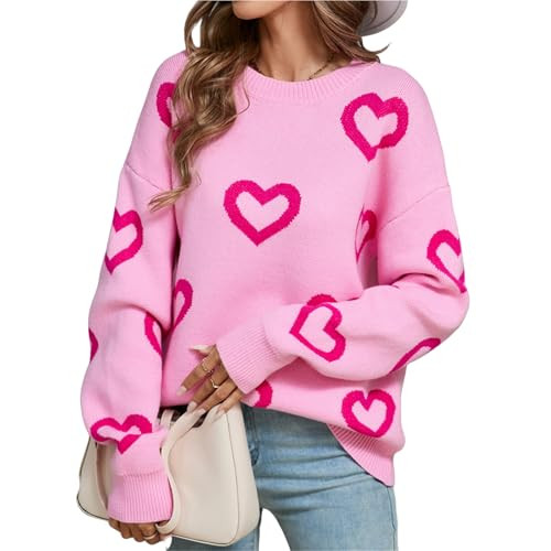 Women's Cute Heart Sweater Crewneck Long Sleeve Oversized Love Sweaters Pullover Tops Valentine's Day Knit Sweatshirts (Heart Rose, XL) | Amazon (US)