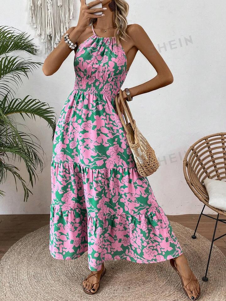 SHEIN VCAY Women'S Full Printed Dress With Ruffle Hemline | SHEIN