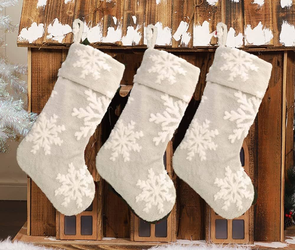 AISENO 3 Pack 20 Inch Faux Fur Snowflake Christmas Stockings Decoration for Merry Christmas Party... | Amazon (US)