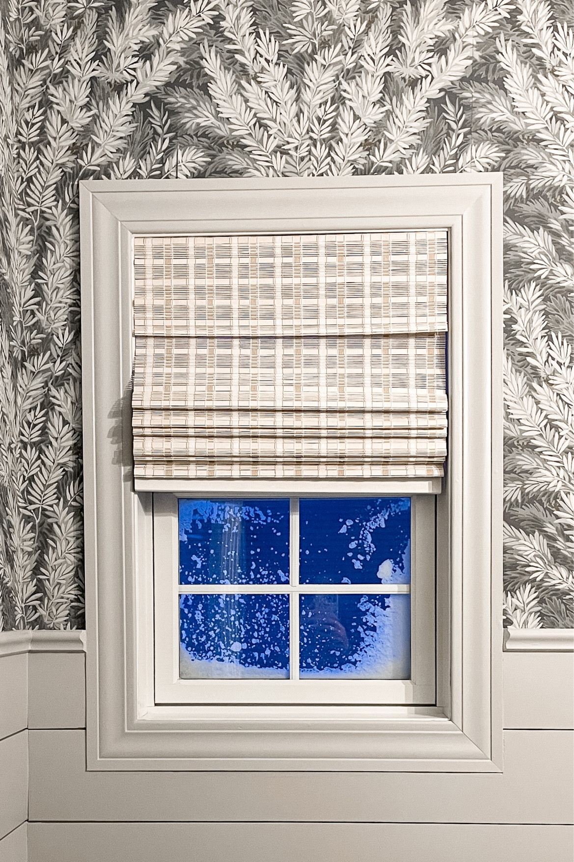 Powder room, small bathroom decor, cozy bathroom update. Wallpaper, bamboo window shade, gray trim 

#LTKhome #LTKstyletip #LTKfamily