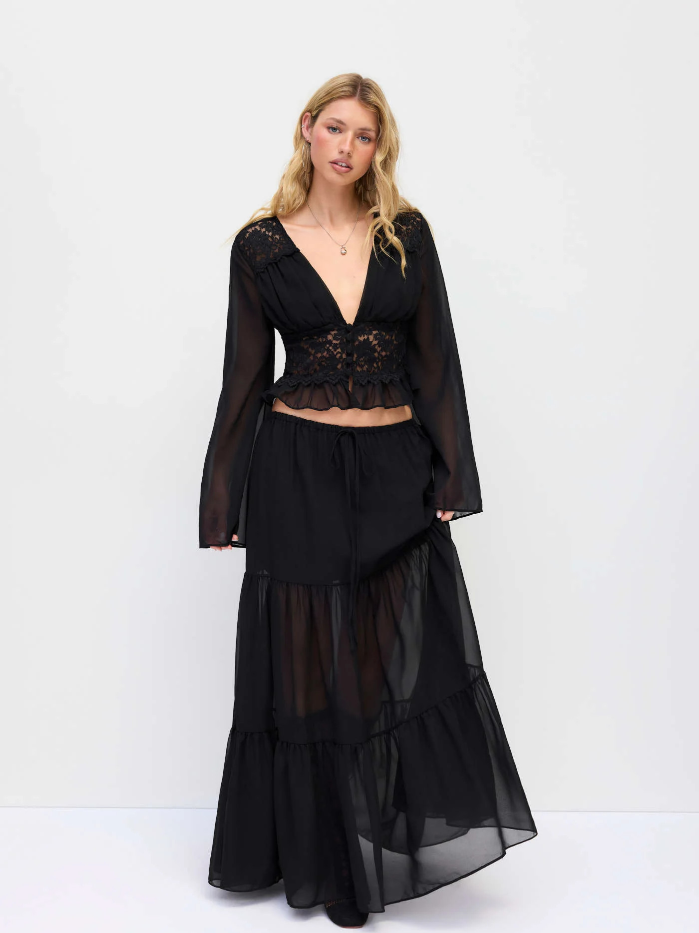 Chiffon Chiffon Lace V-neck Bell Sleeve Blouse & Mid Rise Tiered Maxi Skirt Set For Date Vacation | Cider