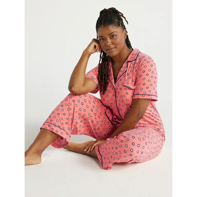 Joyspun Women's Knit Notch Collar Top and Capri Pants Pajama Set, 2-Piece, Sizes S to 3X | Walmart (US)