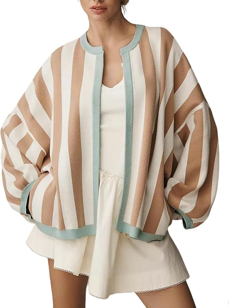 Women's Casual Loose Fit Striped Cardigan Long Balloon Sleeves Open Front Knit Sweater | Amazon (US)