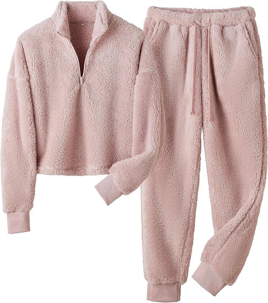 Fuzzy Pajamas Sets for Women Fleece Half Zip Pullover Tops and Jogger Pants Set 2Two Piece Sleepw... | Amazon (US)