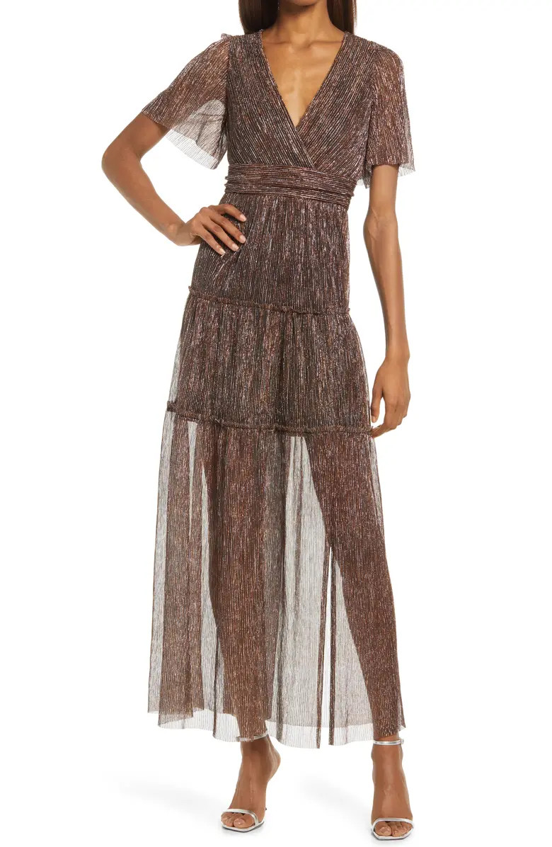 FLORET STUDIOS Open Back Metallic Plissé Dress | Nordstrom | Nordstrom