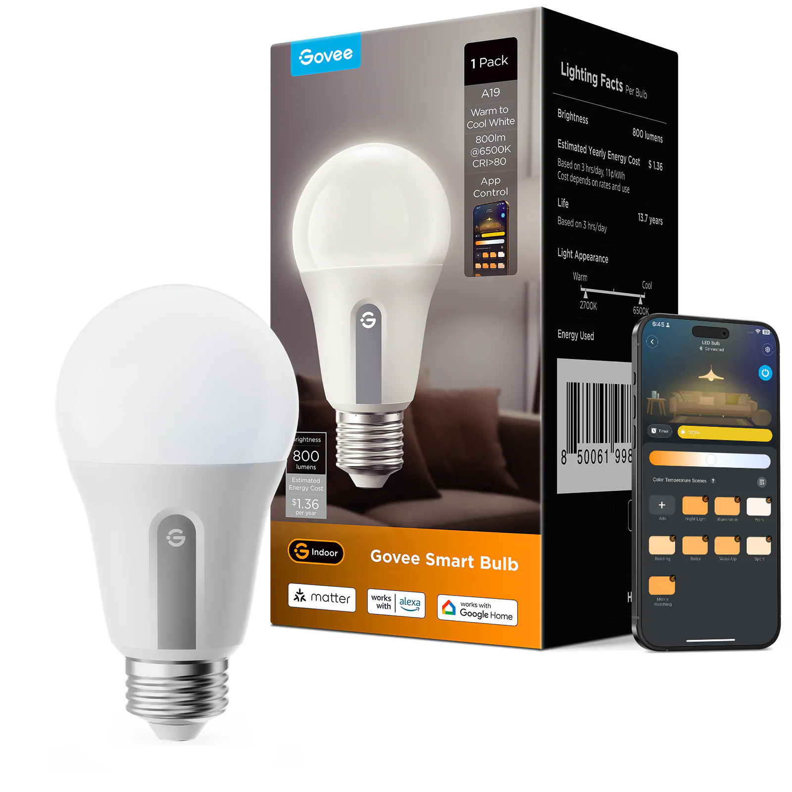 Govee Smart White Light Bulb 60 -Watt EQ A19 Switchable white Medium screw base E26 Dimmable Smart LED General purpose Light Bulb in K To K | H8015A01 | Lowe's
