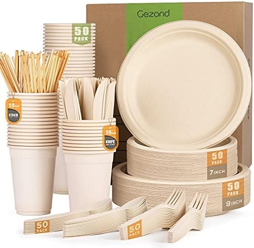 Gezond 350pcs Compostable Paper Plates Set Eco-friendly Heavy-duty Disposable Paper Plates Cutler... | Amazon (US)