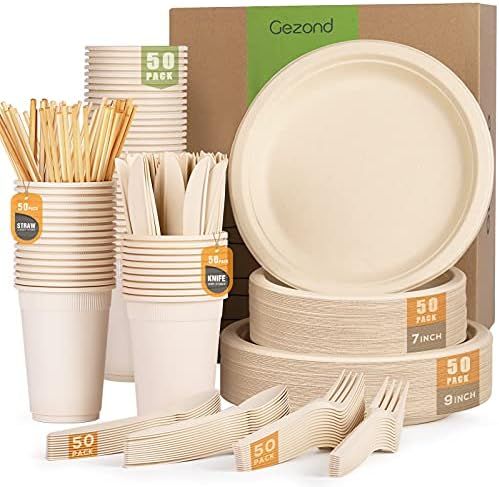 Gezond 350pcs Compostable Paper Plates Set Eco-friendly Heavy-duty Disposable Paper Plates Cutler... | Amazon (US)