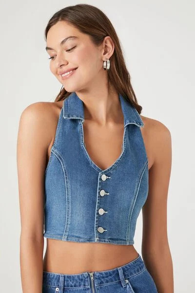 Plunging Denim Halter Crop Top | Forever 21 (US)