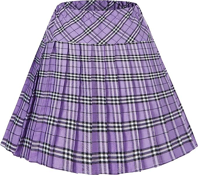 Women's Elastic Waist Plaid Pleated Skirt Tartan Skater School Uniform Mini Skirts | Amazon (US)