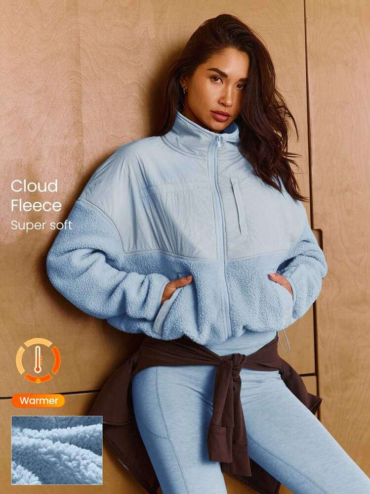 GLOWMODE Cloud Fleece Double The Glow Two-Tone Waist-Length Drawstring Hem Zip-Up Jacket With Side Zipper Pockets Daily Casual Wear Fall Winter Fall Winter | SHEIN