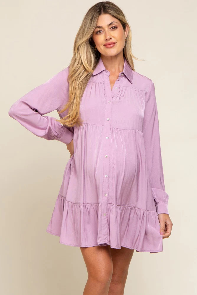Lavender Button Up Tiered Long Sleeve Maternity Dress | PinkBlush Maternity