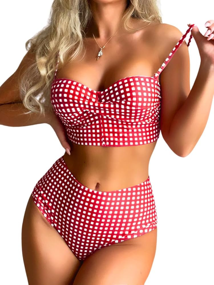 Gingham Bikini,Underwire Push Up Sexy Swimsuits for Women,Cheeky High Waisted Bikinis Sets Cruise... | Amazon (US)