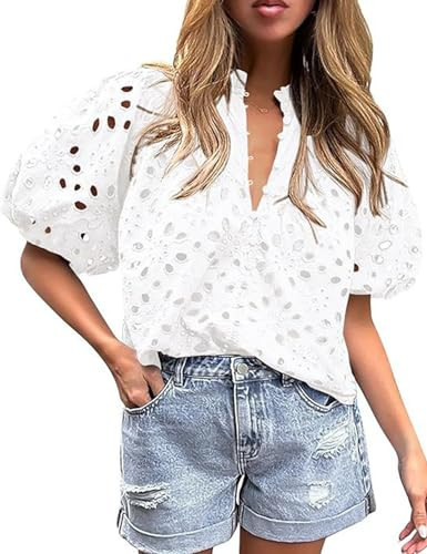 Yimoon Women's Eyelet Tops Puff Sleeve Hollow Out Embroidered Tops Dressy Casual White Blouse V Neck Top Button Down ShirtsWhite-M | Amazon (US)