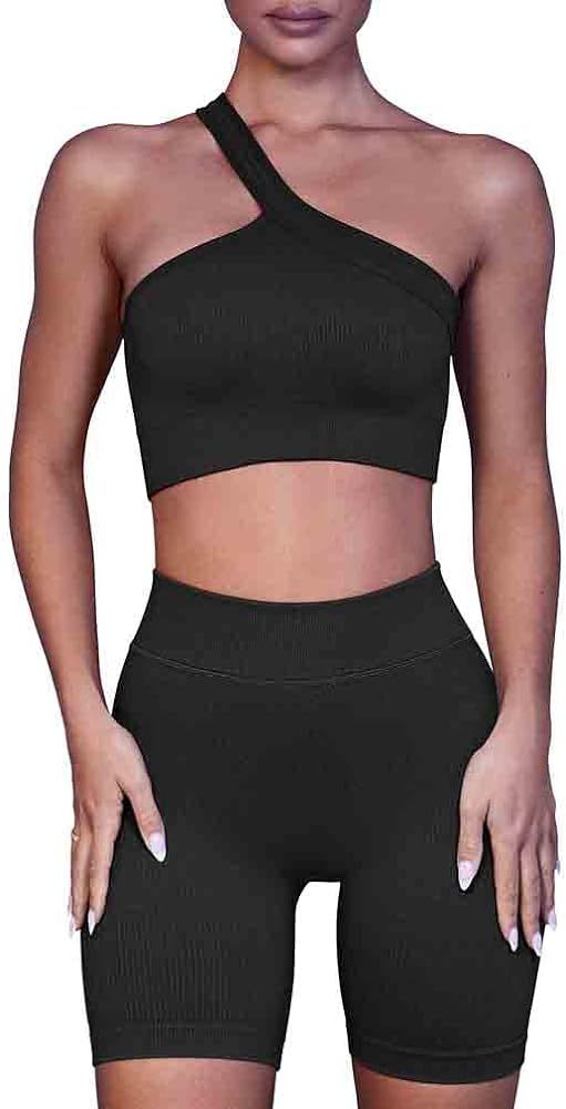 Amazon.com: LNSK Workout Sets for Women 2 Piece Seamless Sexy Ribbed Outfits Gym Yoga Shorts Runn... | Amazon (US)