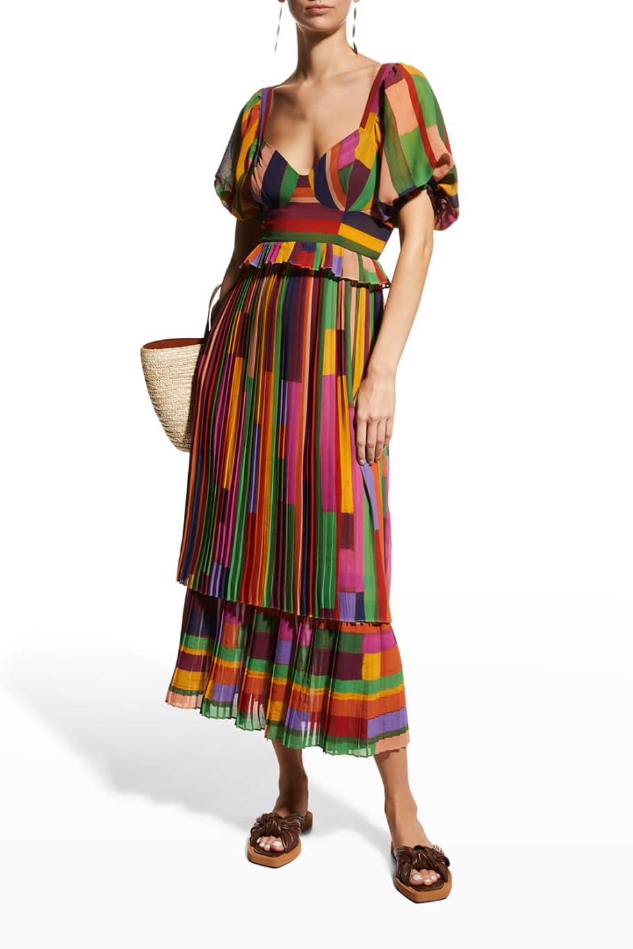 Painted Stripes Blouson-Sleeve Pleated Dress | Neiman Marcus