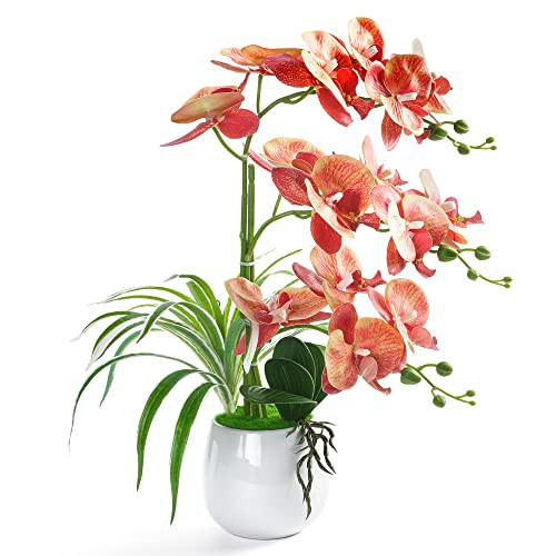 W&W Artificial Orchid Plants and Flowers with Vase, Fake Faux Orchid in Ceramic Pot,19”, Orange | Amazon (US)
