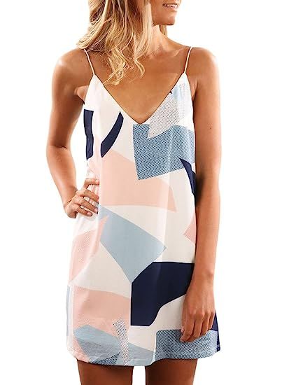 Sidefeel Women V Neck Halter Printed Casual Short Strap Mini Dress | Amazon (US)