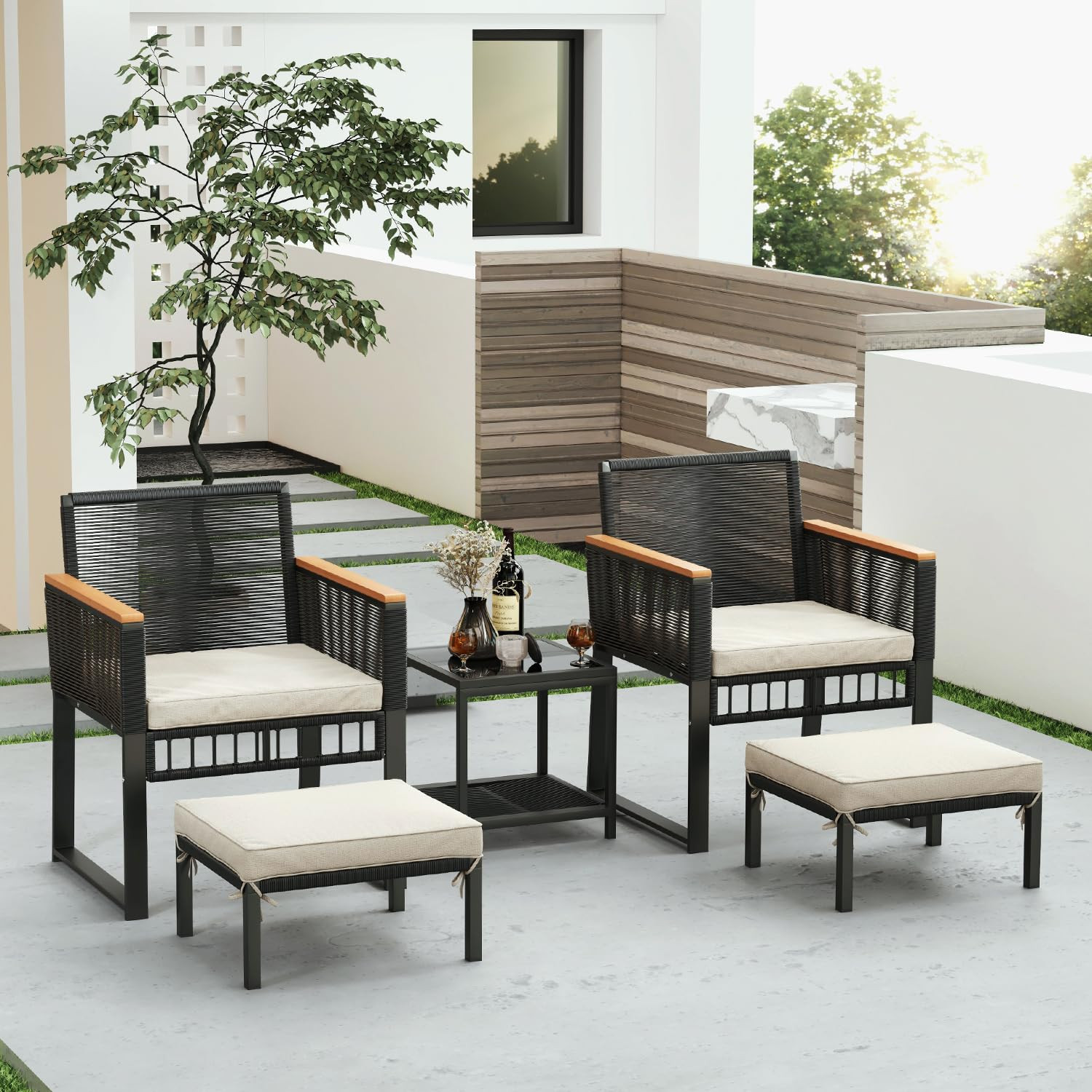 5 Piece Outdoor Patio Furniture Set with Table & Ottoman - Set of 2 Wicker Patio Chairs for Porch... | Amazon (US)