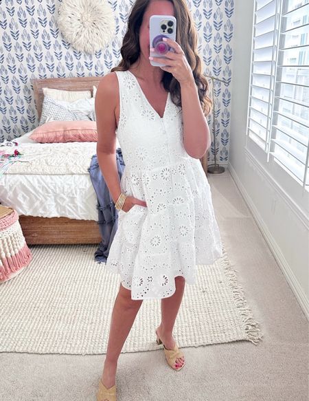 This adorable white dress with eyelet material is back in stock! Wearing a small. Fully lined. I also got the coral color!
.


#LTKover40 #LTKfindsunder50 #LTKstyletip
