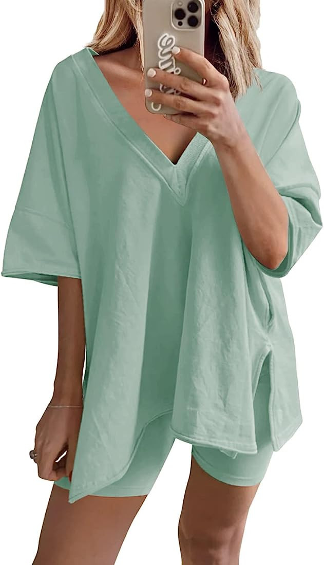 Ailoqing 2 Piece Outfits for Women Summer Oversized V Neck T Shirt Biker Short Sets Hot Shot Reve... | Amazon (US)