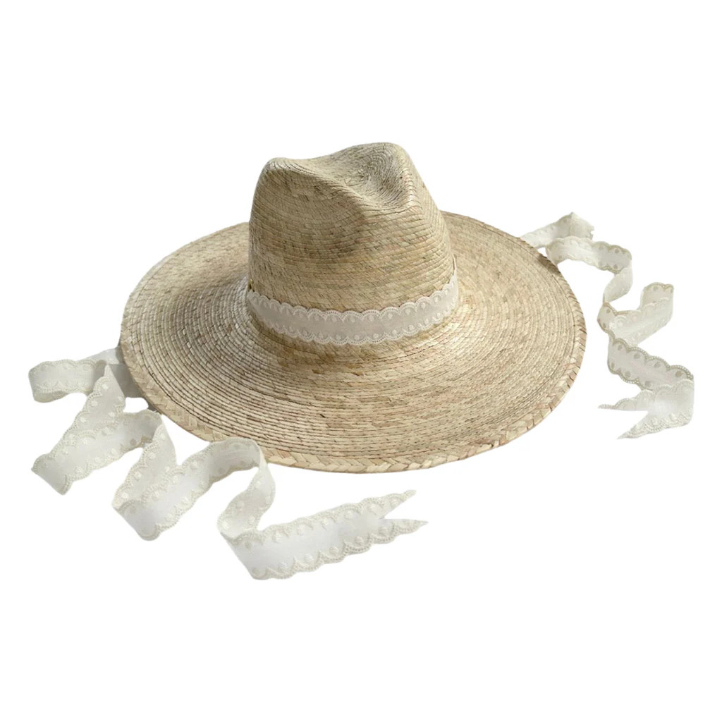 Zinnia Sun Hat in Long & Thin Vintage Eyelet Lace Ribbon | Over The Moon