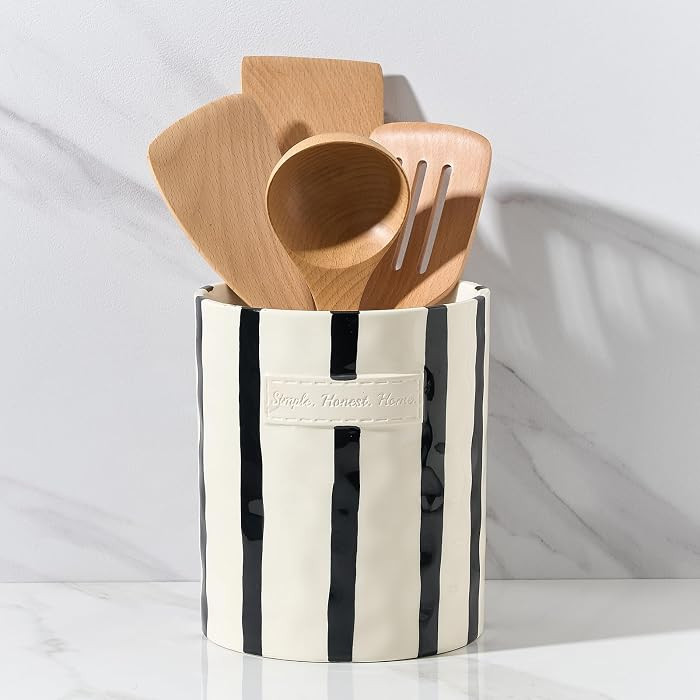JIEMEI HOME Kitchen Utensil Holder, 7.2" Ceramic Stable Utensil Crock for Countertop, Modern Minimalism Style Cooking Tool Organizer with Cork Mat, Spatula Holder For Kitchen Decor, Black stripes | Amazon (US)