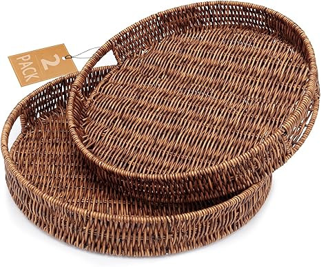 Set of 2 Rattan Serving Tray Round Rattan Basket Trays with Handles for Breakfast, Large Woven De... | Amazon (US)