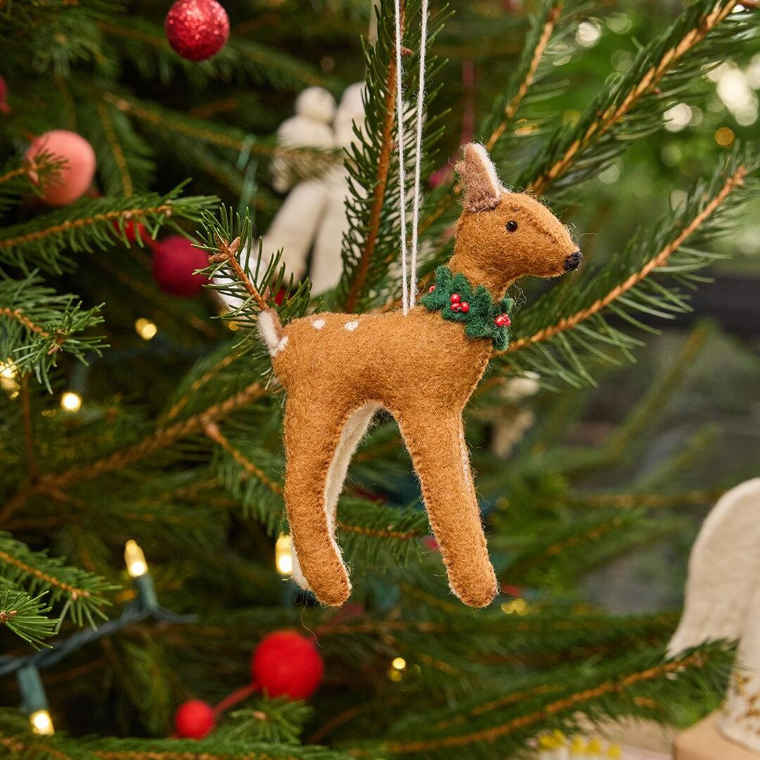 Winter Wreath Fawn Ornament, Hand Felted Festive Deer Charm, Handmade Classic Christmas Decor | Etsy (US)