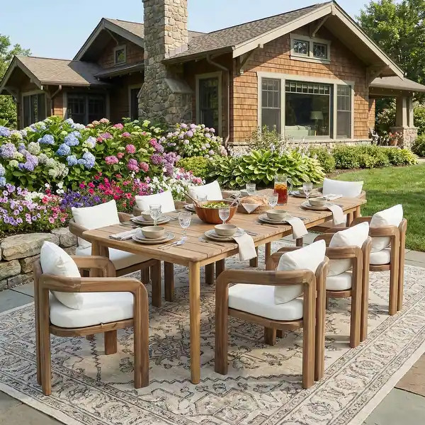 Christopher Knight Home - Calistara Modern Outdoor Acacia Wood 9-Piece Dining Set with Cushioned ... | Bed Bath & Beyond