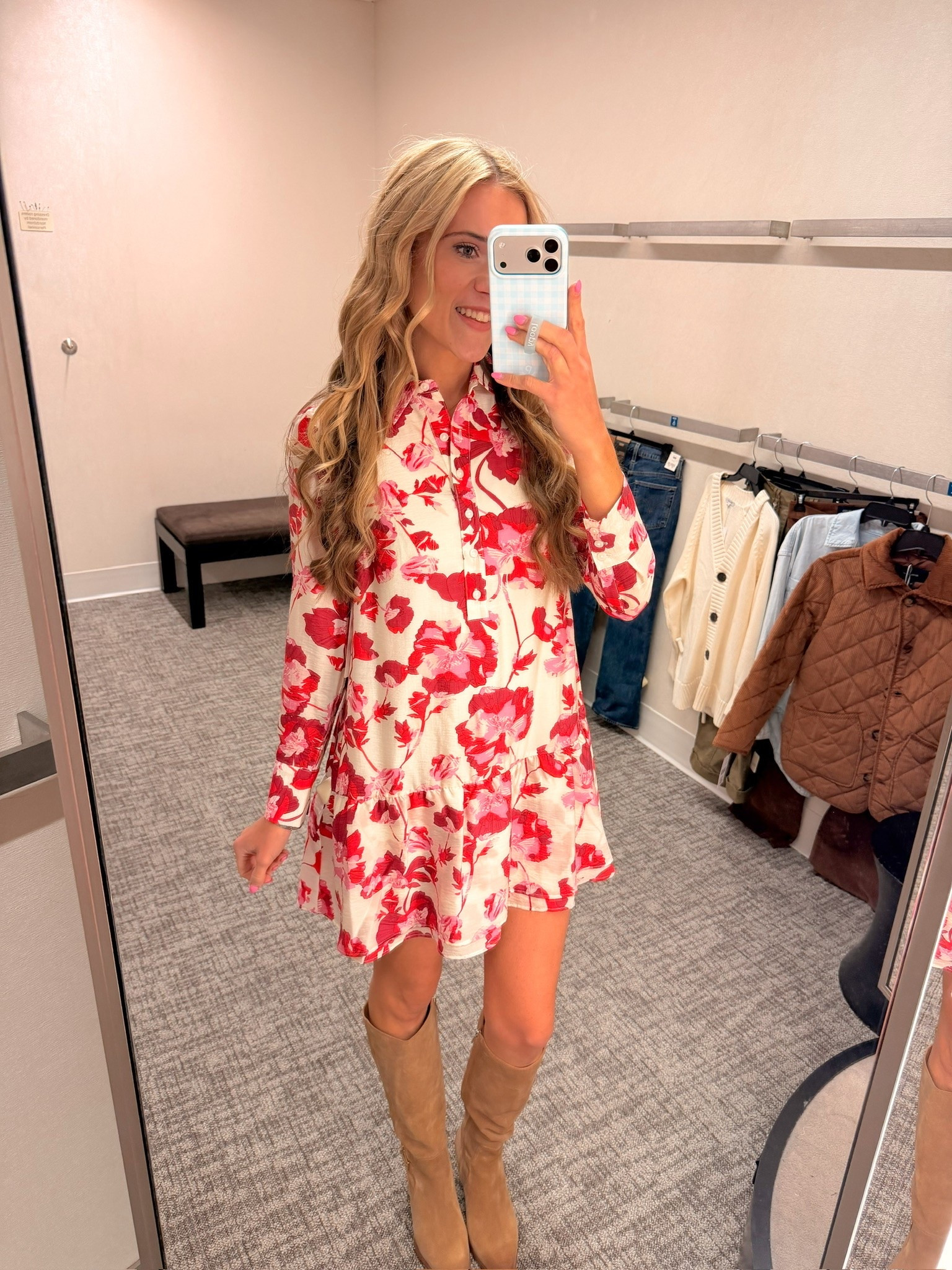 This Caslon red floral long sleeve tiered shirt dress paired with tan tall boots is such a beautiful fall dress ladies — the print is so stunning in person and it is on sale right now

Wearing a true to size small, 5’9” for reference

#LTKSaleAlert