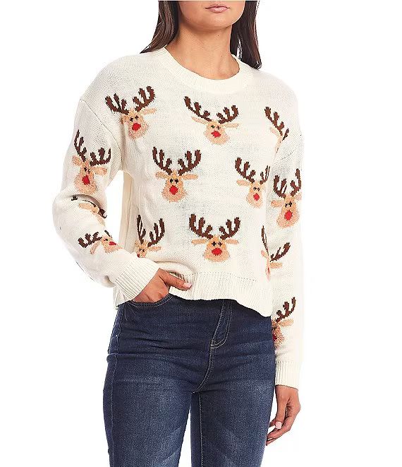 Poof Crew Neck Long Sleeve Cropped Reindeer Print Sweater | Dillard's | Dillard's