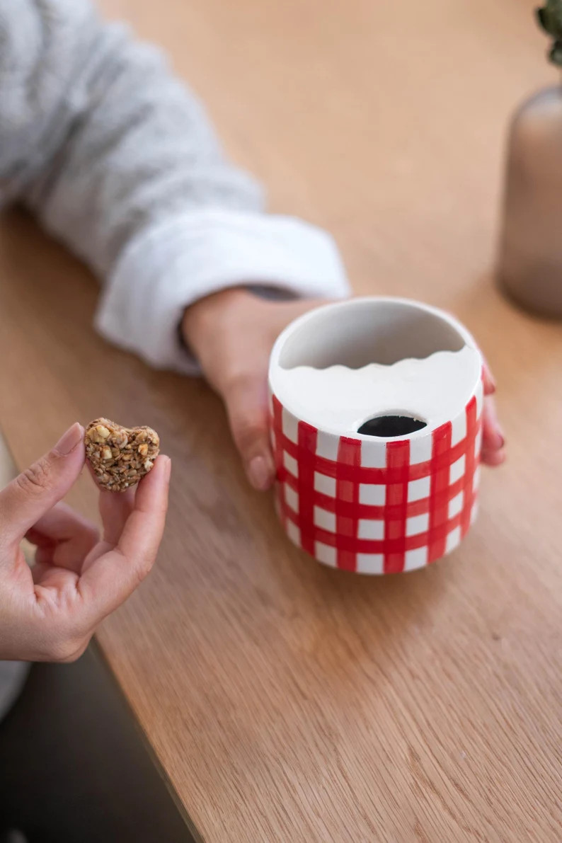 Checkered Thermos Ceramic Tumbler, Hand Thrown Travel Mug, Minimalist To-go Cup, Striped Sip Mug,... | Etsy (US)