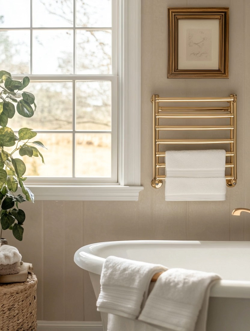 A gold multi-bar towel warmer is one of those small upgrades that instantly makes a bathroom feel elevated, thoughtful, and hotel-level luxurious. Both practical and beautiful, it keeps towels warm and perfectly folded while adding a refined architectural element to the wall. The warm gold finish pairs effortlessly with neutral bathrooms, classic tubs, and modern fixtures, bringing in just the right amount of shine without overpowering the space. Whether you’re working with a spacious primary bath or a compact powder room, a towel warmer delivers comfort, functionality, and timeless elegance—proof that everyday routines can feel indulgent with the right design details. @Wayfair 
#bathroomupgrade #towelwarmer #quietluxury 

 

#LTKHome