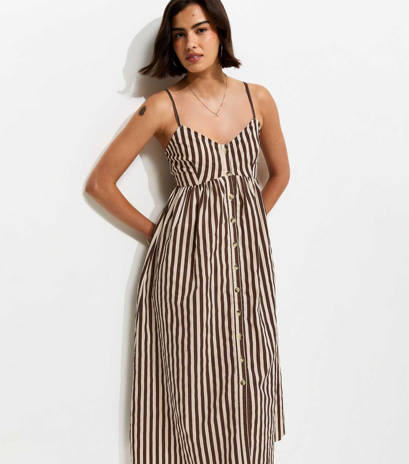 Brown Cotton Knot Front Stripe Cami Midi Dress | New Look | New Look (UK)