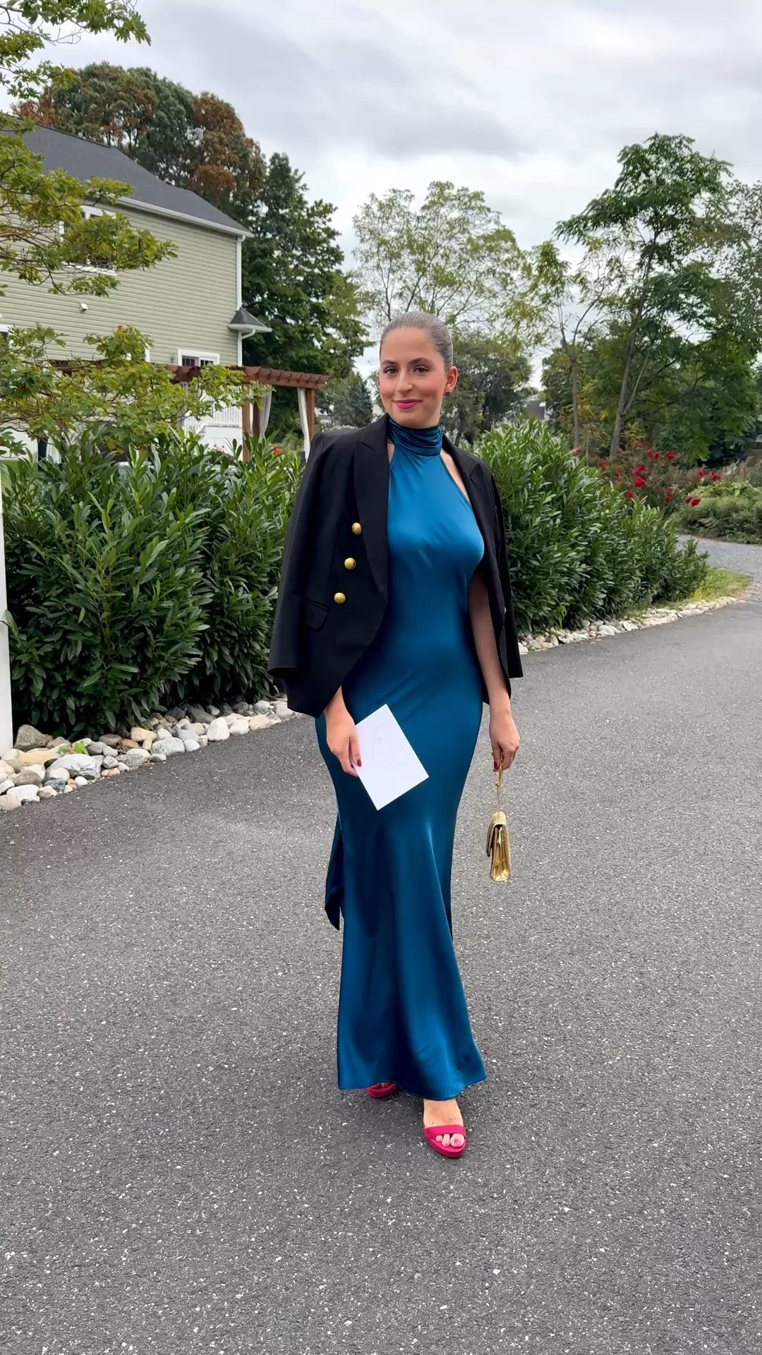Fall wedding, fall wedding guest dress, fall black tie optional wedding guest dress, black tie optional wedding, black tie wedding, floor length gown, high neck gown, low back gown, gold clutch, pink heels, color blocking, wedding accessories

#LTKWedding #LTKTall #LTKSeasonal