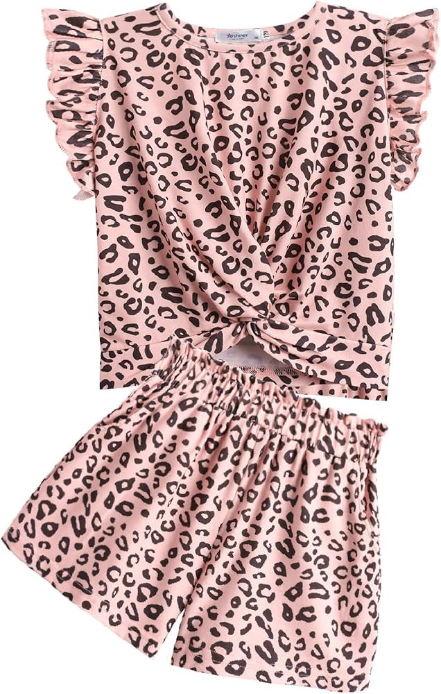 Arshiner Girls Shorts Sets 2 Pieces Outfits Twist Front Ruffle Sleeve T-Shirts and Shorts With Po... | Amazon (US)