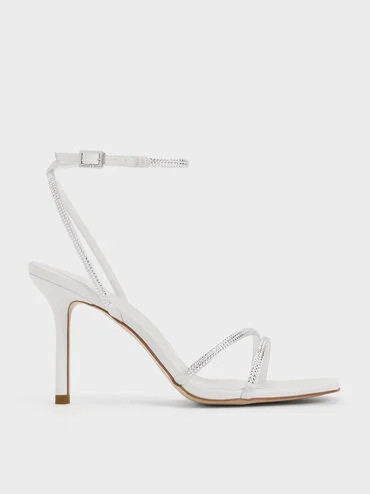 Satin Crystal-Embellished Stiletto-Heel Sandals
    
         - White | Charles & Keith US