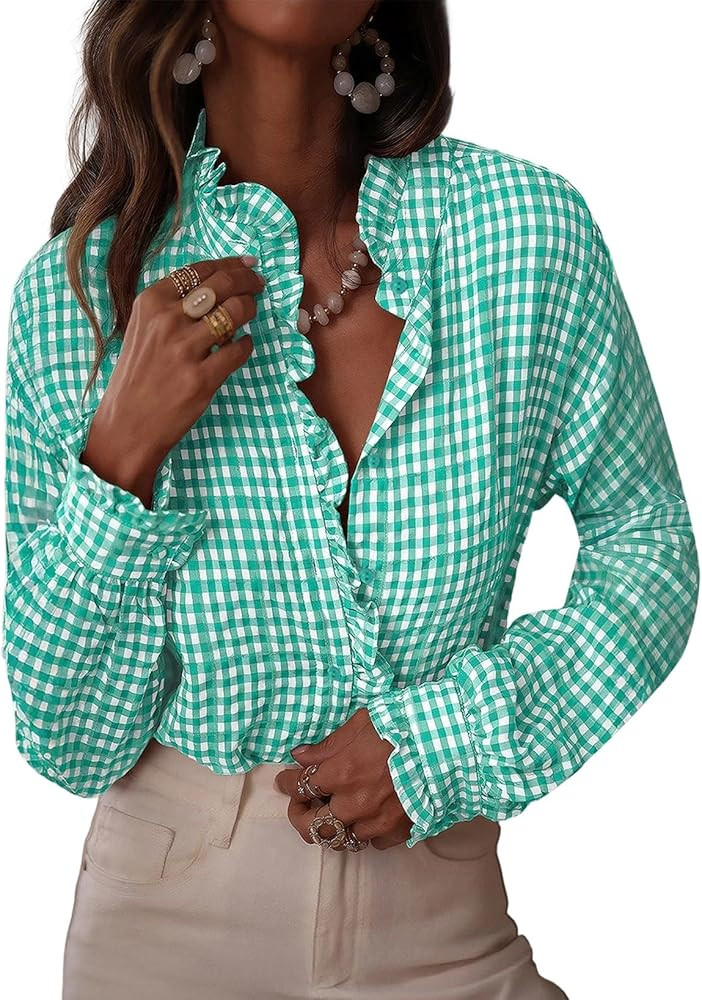 Astylish Womens Plaid Ruffle V Neck Button Down Blouse Casual Long Sleeve Gingham Trendy Tops Wor... | Amazon (US)