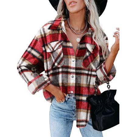 Spring hue Womens Flannel Plaid Shirt Jacket Button Down Long Sleeve Shacket Coat Outwear | Walmart (US)