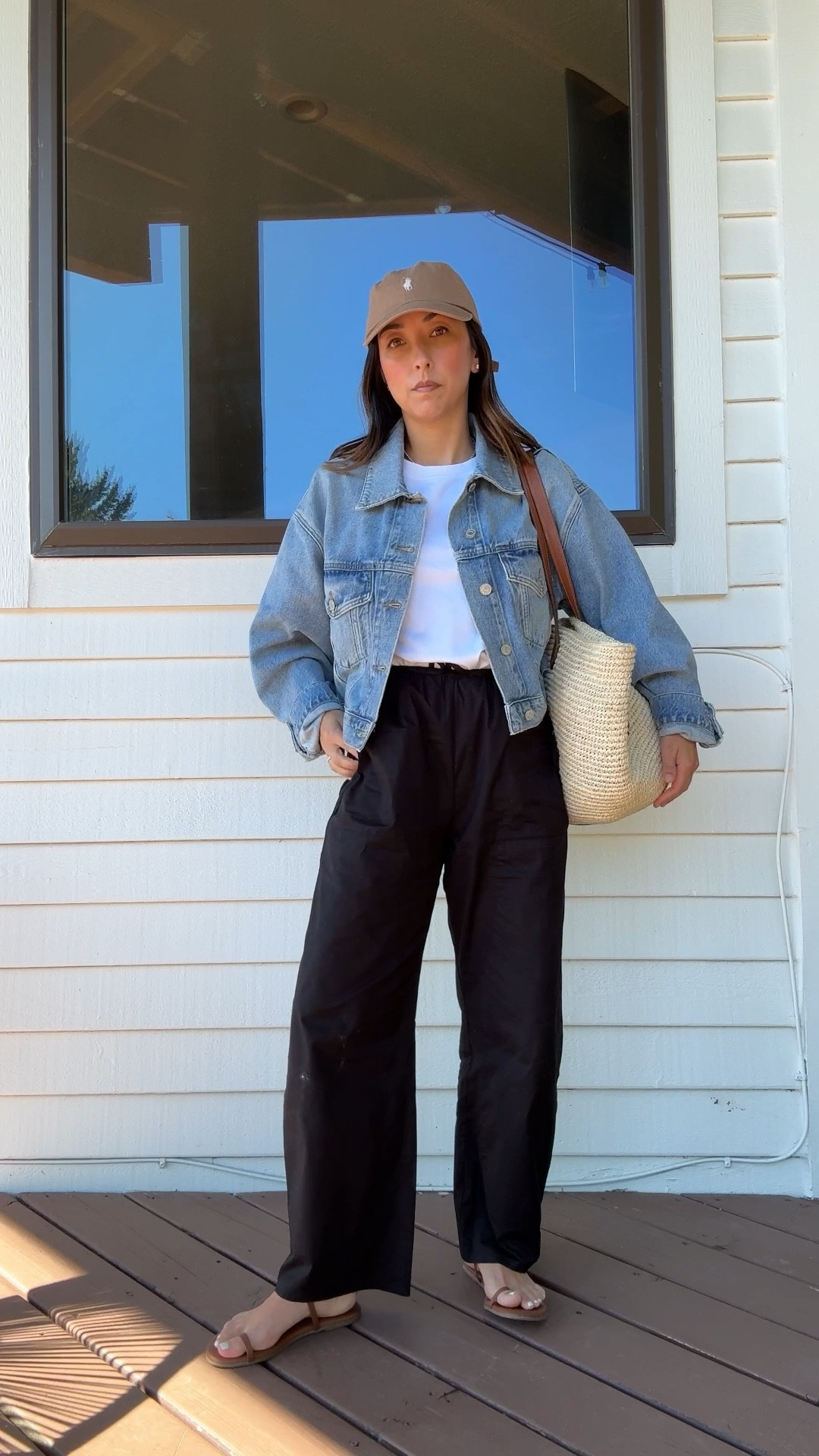 Casual mom outfit. Obsessed with these petite-friendly poplin pants. Slight barrel and drawstring. 

Agolde jacket xs
Aritzia tee medium
Pistola pants xs
Tkee sandals 5
Hunting Season tote
Polo Ralph Lauren hat 
Blue bike earrings
Dorsey James necklace 15"

#LTKPetite #LTKTravel #LTKItBag