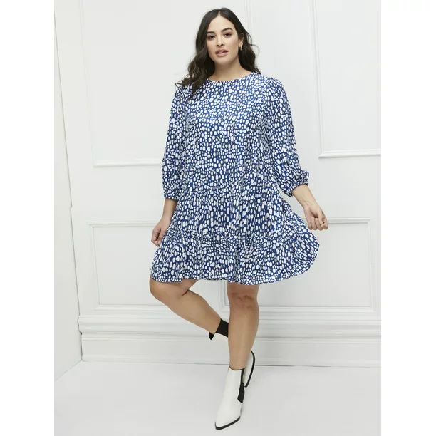 ELOQUII Elements Women's Plus Size Dot Print Tiered Easy Dress | Walmart (US)