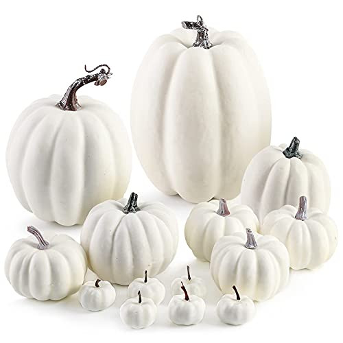 Oyydecor 12Pcs Assorted Sizes Artificial Pumpkins Decoration Harvest Fall White Pumpkins Fake Foam P | Amazon (US)