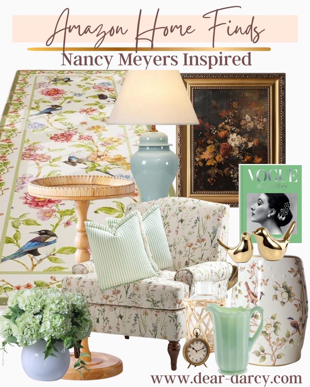 Amazon home finds 

Nancy Meyers inspired

Beautiful florals , timeless pieces for a beautiful home
Large floral patterned rug 

Small Floral printed  chair 

Pretty ceramic lamp 

Gold frame floral oil painted 

Green striped pillows 
Vogue coffee table book 

Floral and bird garden stool 

Bamboo and can e side table 

Gold birdies 

Silk hydrangeas 

Green milk glass pitcher 

Gold clock

#LTKSummerEdit #LTKHome #LTKStyleTip