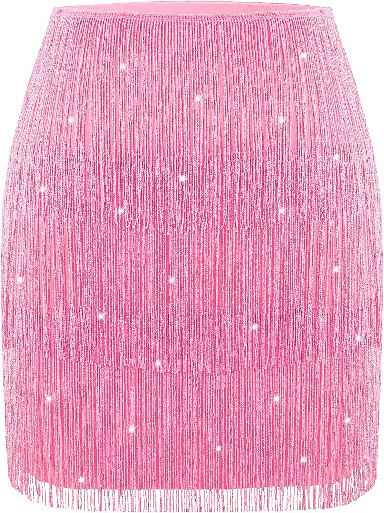 MANER Women’s Fringe Skirt Stretchy Sparkly Bodycon Tassel Trim Mini Skirt | Amazon (US)