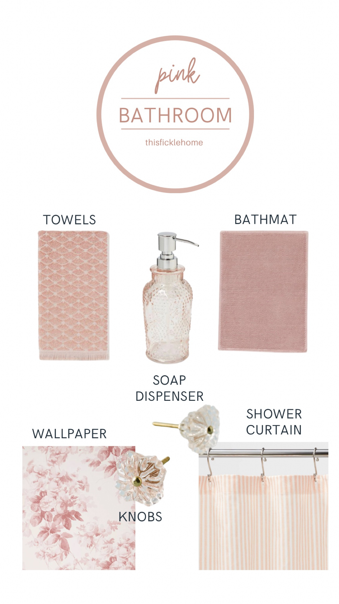 Pink bathroom, pink soap dispenser, pink striped shower curtain, pink bath towels, pink floral knobs, pink floral wallpaper, pink bathmat.

#LTKhome
