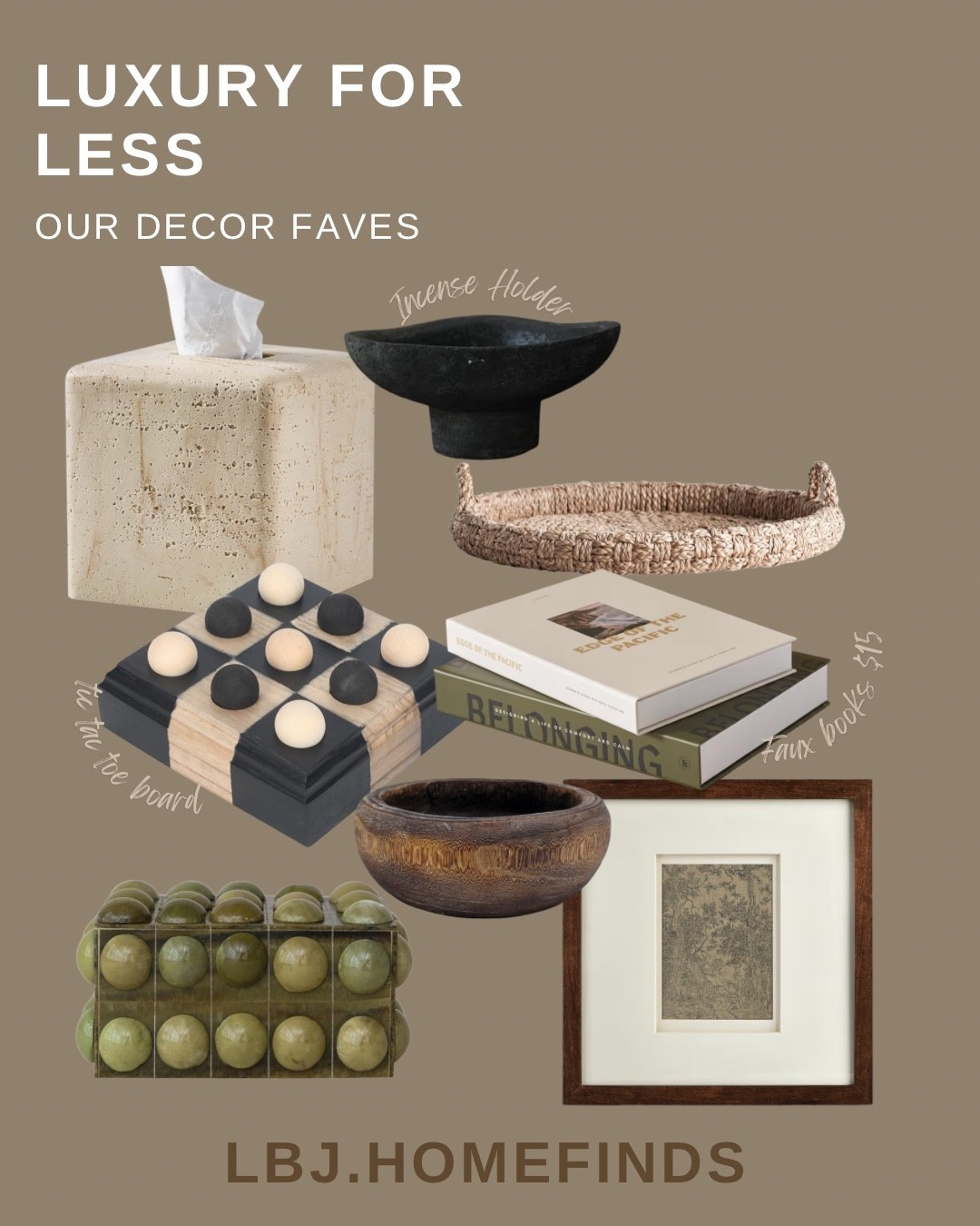 Luxury decor for less — elevated home styling pieces that look designer 🤎

These affordable decor finds instantly make your home feel collected, curated, and high-end without spending a fortune.

You know I love a good budget find and these are curated just for you:

• travertine tissue box cover
• sculptural incense holder
• woven decorative tray
• decorative tic-tac-toe coffee table game
• faux coffee table books
• carved wood decorative bowl
• green marble tic-tac-toe décor
• vintage style framed artwork

These are the little styling pieces that make your coffee table, console, or shelves feel designer.

Shop all my affordable home finds in LTK @LBJ.HOMEFINDS#LTKFinds #LuxuryForLess #HomeDecorFinds #NeutralHomeDecor #CoffeeTableDecor #OrganicModern


#LTKHome